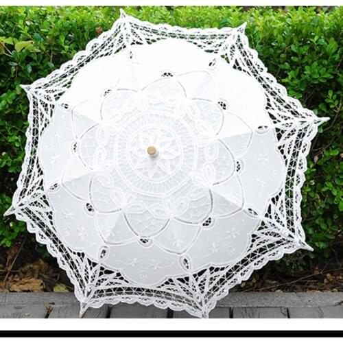 White Beige Bridal Umbrellas Sun Umbrella Lace Wedding Umbrella For Bride Wooden Handle Parasol Ombrelle Dentelle Mariage WU001