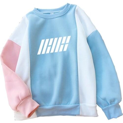 New Ikon Kpop Hoodie Sweatshirt Women Splicing Casual Loose Fleece Letter Print Patchwork Pullover Harajuku Tracksuit Kawaii Top