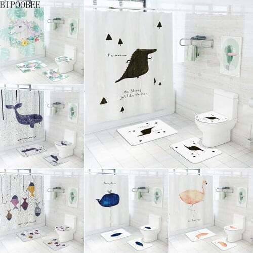 Funny Animals Toilet Lid Cover Bath Mats Rugs Fabric Shower Curtains Bathroom Curtain White Anti-slip Carpet Home Decoration
