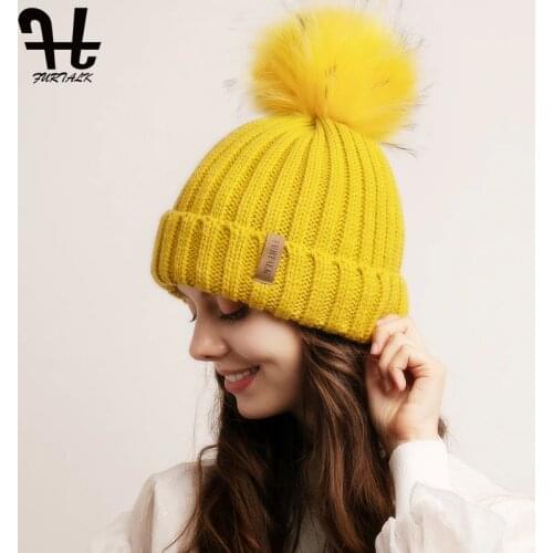FURTALK Winter Beanie Hat Women Knitted Faux Fur Pompom Hat Velvet Winter Hats for Ladies Soft Yellow Red Korean Caps for Female