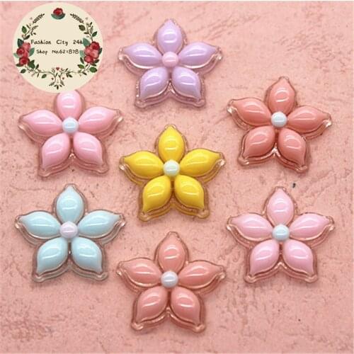 20pcs 24mm Cute Resin Five Petals Flowers Clear Bottom Flatback Cabochon DIY Hair Bow Center Scrapbooking
