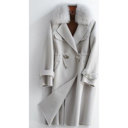 2020 Cashmere Wool Coat Women Real Fox Fur Collar Long Jacket Korean Ladies Coats and Jackets Autumn Overcoat Y19Y05841 KJ3504