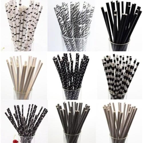 25pcs Black Paper Drinking Straws Star Striped Mustache zebra Paper Straw for Baby Shower Wedding Birthday Halloween Party Decor