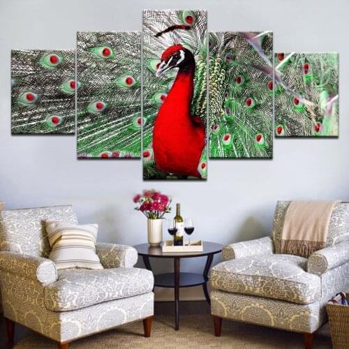 5 Panel/pieces HD Print The red peacock opens the screen animal Print On Canvas Art Painting For home living room decoration