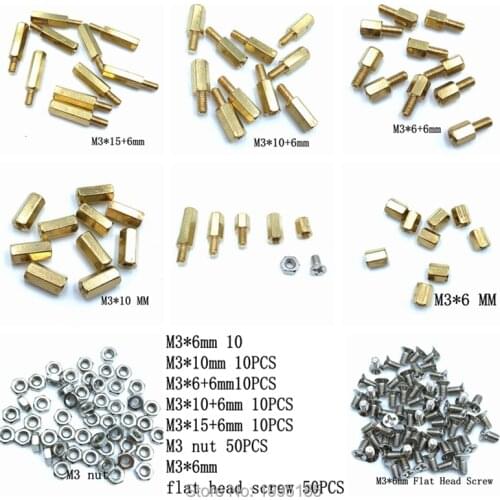 7 Kind 150pcs Essential Copper M3 Pillars M3 Nut+ nut pack Smart Car 6+6 10+6 15+6 3*6 Screw 6MM 10MM Hollow Copper Pillar M3*10