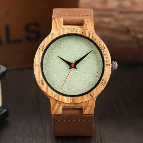 Natural Bamboo Wood Watches with Genuine Leather Band Creative Light Green Dial Analog Mens Clock For Gift Reloj de madera 2020