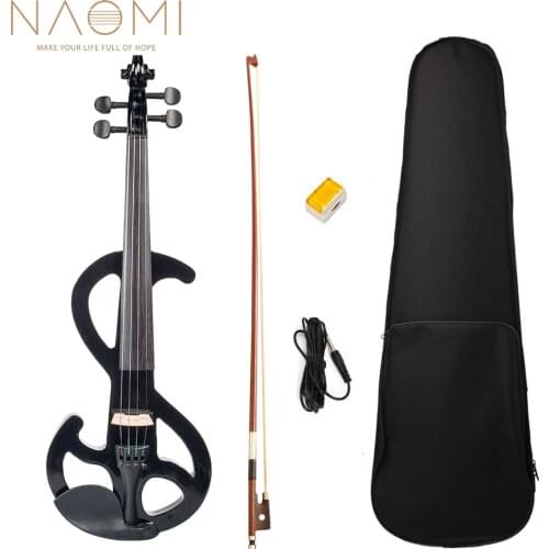 NAOMI 4/4 Black Electric Violin Kit w/ Brazilwood Bow+Rosin+Headphone+Audio Cable+Canvas Case Student Violin Set