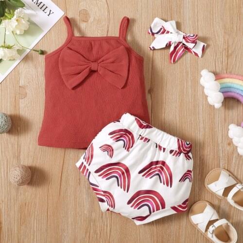Children girls boys suspender bow top rainbow print briefs suit