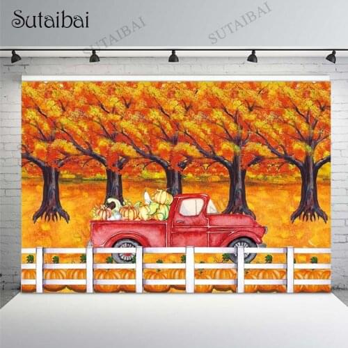 Autumn Pumpkins Party Backdrop Fall Harvest Truck Photography Background Thanksgiving Maple Tree Baby Shower Birthday Decoration