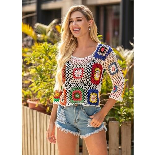 H80&S90 Hand Crochet Beach Swimsuite Cape Pareos Woman Sexy Hollow Out Floral Cover Up Blouse Loose Casual Women Pullover Tops