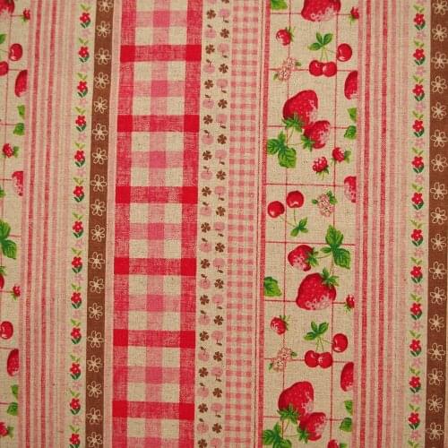 55cmx50cm Cotton Linen Fabric for sewing pathwork, bedding - Stripe - Strawberry, Cherry, Apple and Lattice (pink)