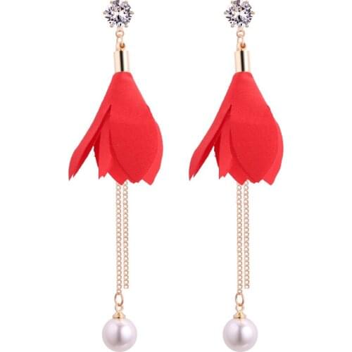 Korean pink earrings leaves pearl fringed zircon long tassel hand-made earrings gift elegant