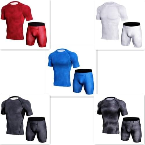 Summer Men Sportswear Tracksuit Elastic Compression Leggings Short Sleeve Sweat Shirt Running Jogger Fitness Gym Workout Clothes