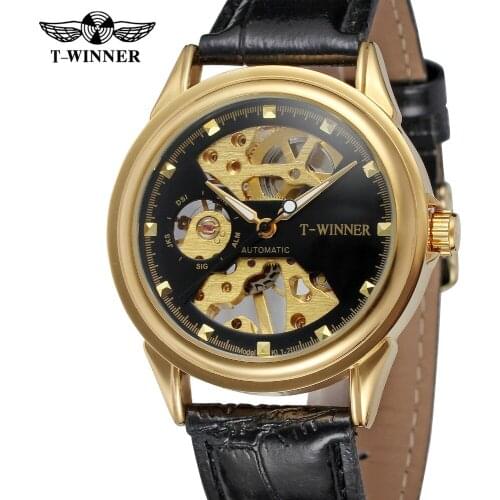 T-WINNER Mens Clear Bar Skeleton Mechanical Hand-wing Leather Strap Original Transparent Crystal Casual Wrist Watch WRG8125M3
