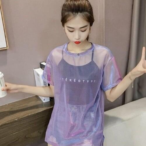 2021 New Bright Silk Gauze Short-sleeved T-shirt Blouse Mid -length Trendy Loose Top Women 's Large Size O-neck Casual Tees