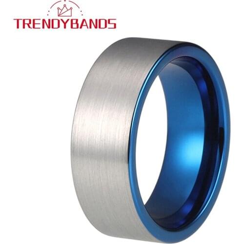 8MM Blue Mens Tungsten Carbide Engagement Rings Womens Wedding Bands Matted Finished Comfort Fit