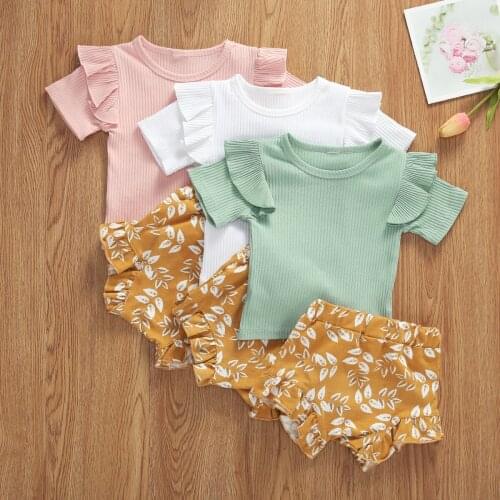 1-4Years Kids Toddler Infant Baby Girls Short Sleeve Ribbed Solid Color T-shirt and Leaf Print Shorts Set Summer Clothing Set