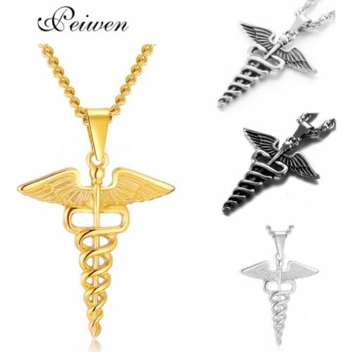 Medical Symbol Nurse Doctor Animal Pendants Necklace Stainless Steel Caduceus Double Snake Wings Necklaces For Men Women Jewelry
