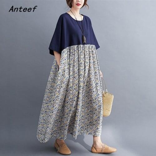 Cotton linen oversize vintage floral for women casual loose long summer dress elegant clothes 2021 ladies dresses