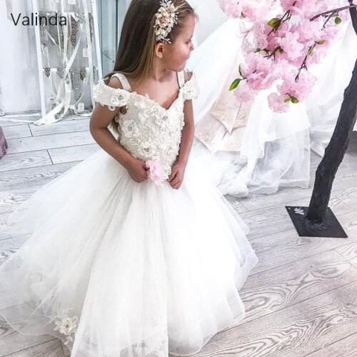 Ivory Flower Girl Dresses with 3D Flowers Off Shoulder Pageant Formal Gowns Birthday Party Couture