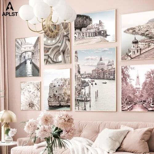 Nordic Scenery Wall Art Canvas Prints & Posters Venice Cathedral Boat Puglia Atrani Beach Painting Modern Sea Picture Home Decor