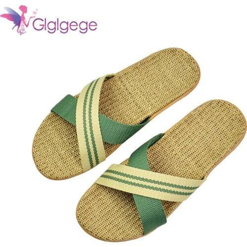 Glglgege Summer Women Linen Slippers New Color Stripe Belt Indoor Shoes Casual Home Open Toe Slippers Lovers Casual Flax Slides