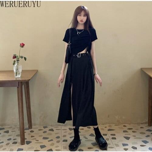 WERUERUYU 2020 New Arrival High Waisted Sexy Womens Slits Summer Solid Long Maxi Skirt Belt