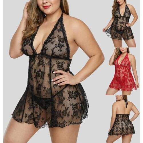 Plus Size 2XL Sexy Nightdress Women Camisola Lace See Through Sexy Night Dress Summer Nightgowns Halter Nightie Sleepwear Sets