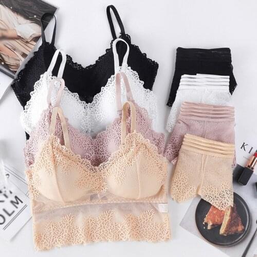 Women V-Neck Hollow Out Lace Push Up Bra Set Female Wrapped Chest Lace Bras With Brief 2pcs Suit Set