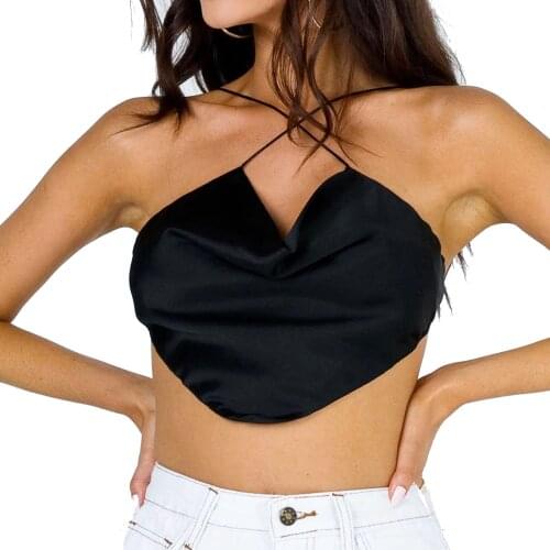 Women’s Solid Color Sling Tops Pleated Low Neck Irregular Backless Cross Halter Short Vest Female Summer Lace-up Crop Top S/M/L