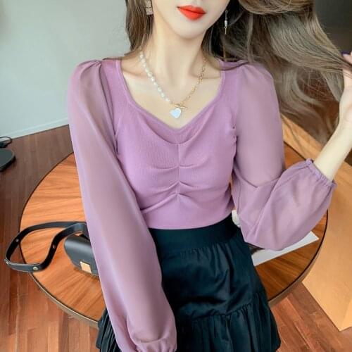 Knitted Pullover Splicing Chiffon Long Sleeve 2021 Autumn New Fund Net Yarn Office Lady Slim Unlined Upper V-Neck Sweater Women