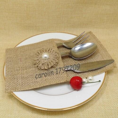 12pcs/Lot Hessian Rustic Wedding Burlap Cutlery Silverware Holder Pocket Jute Tableware Bags Holders vintage wedding decoration