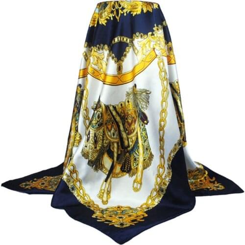 2018 Vintage Floral Print Square Silk Scarf Luxury Brnad Women Carriage Chain Shawl Poncho Foulard Femme Big Blue Scarf 90*90CM