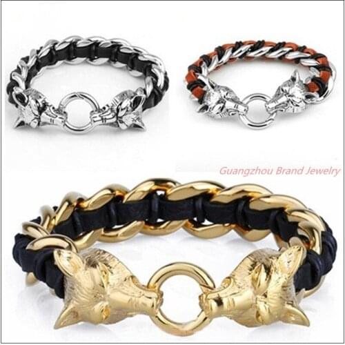 8.66"*16mm Cool Genuine Black Brown Leather Jewelry Mens Boys Bracelet Bangle 316L Stainless Steel Silver Gold Color Wolf Clasp