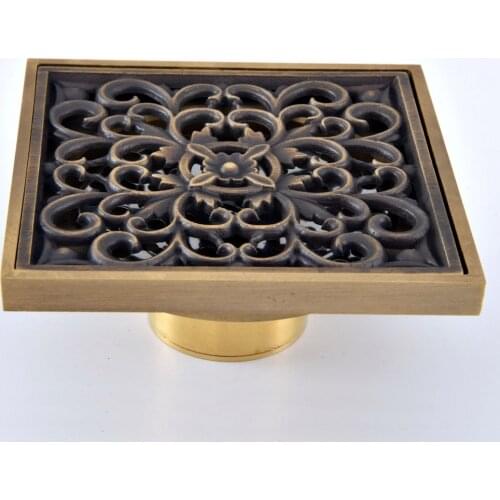 Antique Brass Vintage Carved Flower Pattern Bathroom Shower Drain 4" Square Floor Drain Waste Grates Bathroom Accessory mhr078