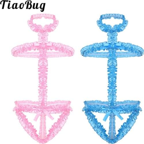 TiaoBug Men Crossdressing Bodysuit Adult Halter Open Back Ruffle Frilly Sissy Lingerie Harness Sexy Male Gay Underwear Bondage