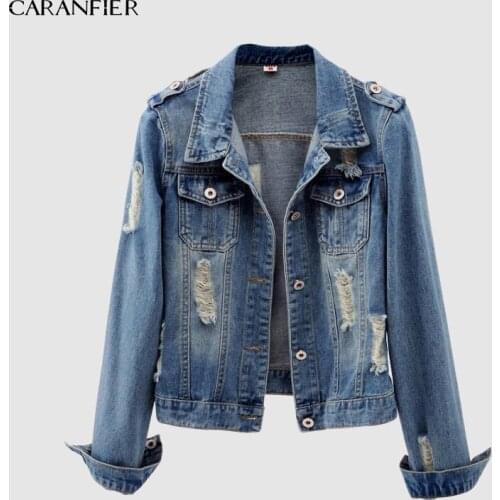 CARANFIER Round Collar Jeans Jacket 4XL 5XL Sweet Women Light Blue Bomber Short Denim Jackets Long Sleeve Jaqueta Casual Coat