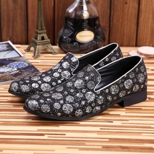 Christia Bella Large Size Male Black and Silvery Crystals Shoes Fashion Genuine Leather Man Loafers Shoes Party Men Flats Shoes