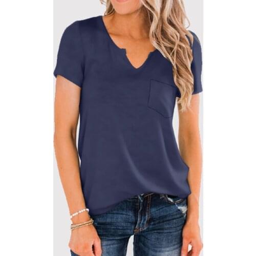 Summer Pocket V-Neck T-Shirt Womens 2021 Loose Solid Short Sleeve Tees for Woman Fashion Casual Hedging Tops Women