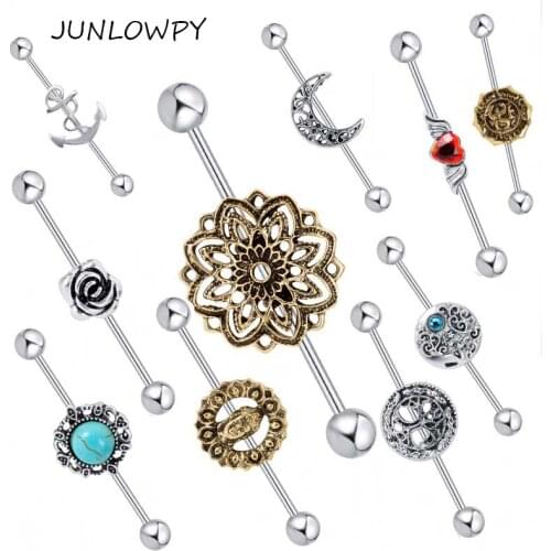JUNLOWPY Barbell Ear 20pcs Mix Rose Achor Music Other Logo Piercing Body Jewelry Earring Industrial Barbell Piercing Cartilage