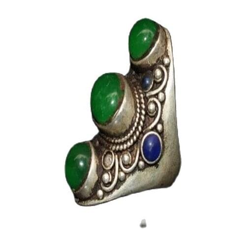 Tibet And Nepal Folk Old Tibetan Silver Inlaid With Greenstone Jade Ring
