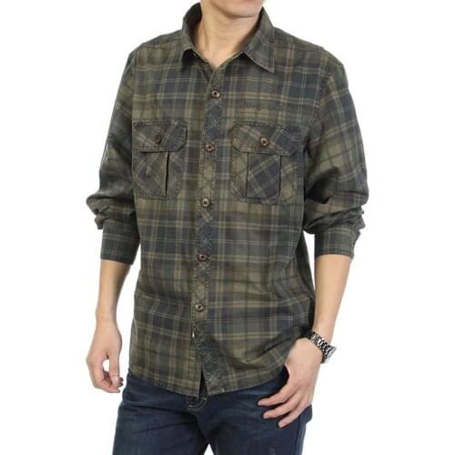 Mens Cotton Long Sleeve Multi-Pocket Military Style Plaid Shirt Outdoor Camping Tooling Workwear
