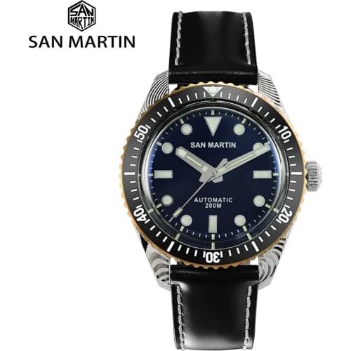 San Martin Damascus Steel Watch Men Automatic Luxury Watch Sapphire Rotating Bezel SW200 Genuine Horse Leather Luminous часы