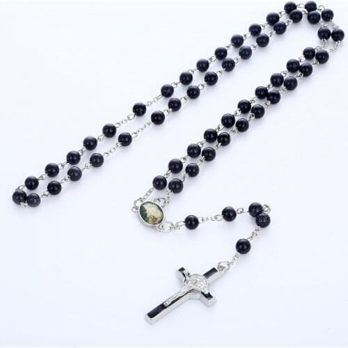 Cross Jesus Men Necklace Pendant Tiger Eye Rosary Beaded Link Sweater Chain Necklaces Catholic Christian Jewelry