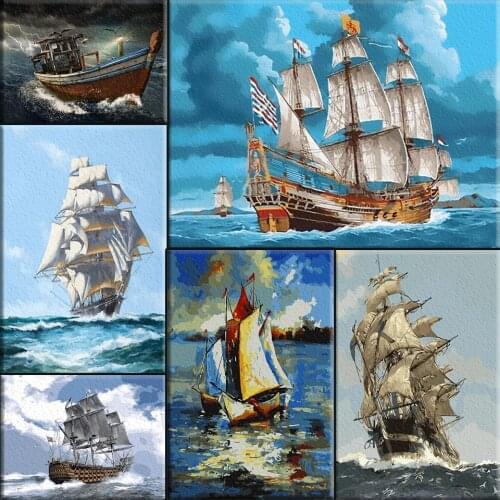 Painting By Numbers Canvas Oil Paintings Ship Drawing Set Coloring By Numbers Painting Of Sea Sailboat Scenery Hand Painted Gift