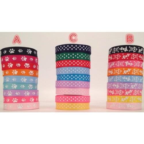 NEW set pvc box 45yards mixed 9 style cute paw,bow and dots pattern printed Grosgrain Ribbon, each 5 yards hair tie DIY
