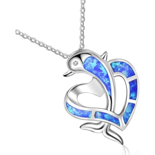 Blue Fire Opal Dolphin Heart Cross Pendants Necklaces for Women Silver Color Animal Necklace Best Valentines Day Gift Jewelry
