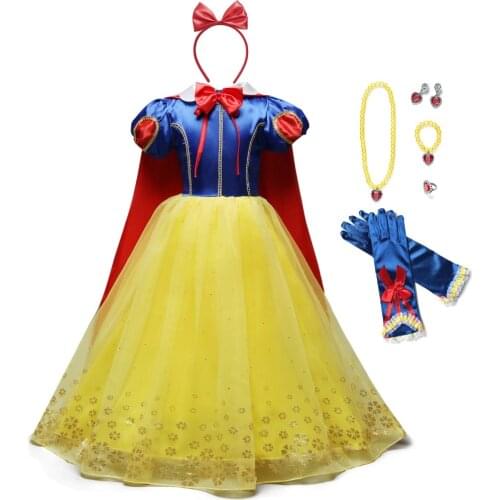 Princess Snow White Dress up for Girls Kids Puff Sleeve Costumes with Long Cloak Child Party Birthday Fancy Gown