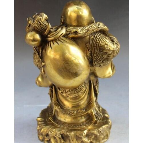 S0492 8" Chinese Bronze Stand Happy Laugh Maitreya Buddha Money Dragon Ru Yi Statue
