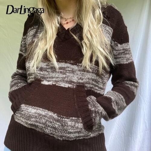 Darlingaga Retro Fashion Stripe Brown Hooded Autumn Sweater Women Y2K Stripe 90s Pullovers Pockets Knitted Sweaters Pull Femme